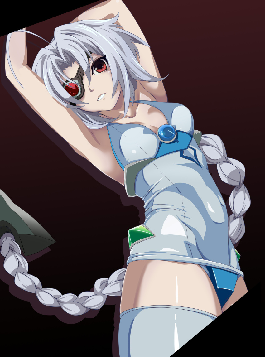 1girl, absurdres, ahoge, blazblue, braid, eyepatch, hair_weapon, highres