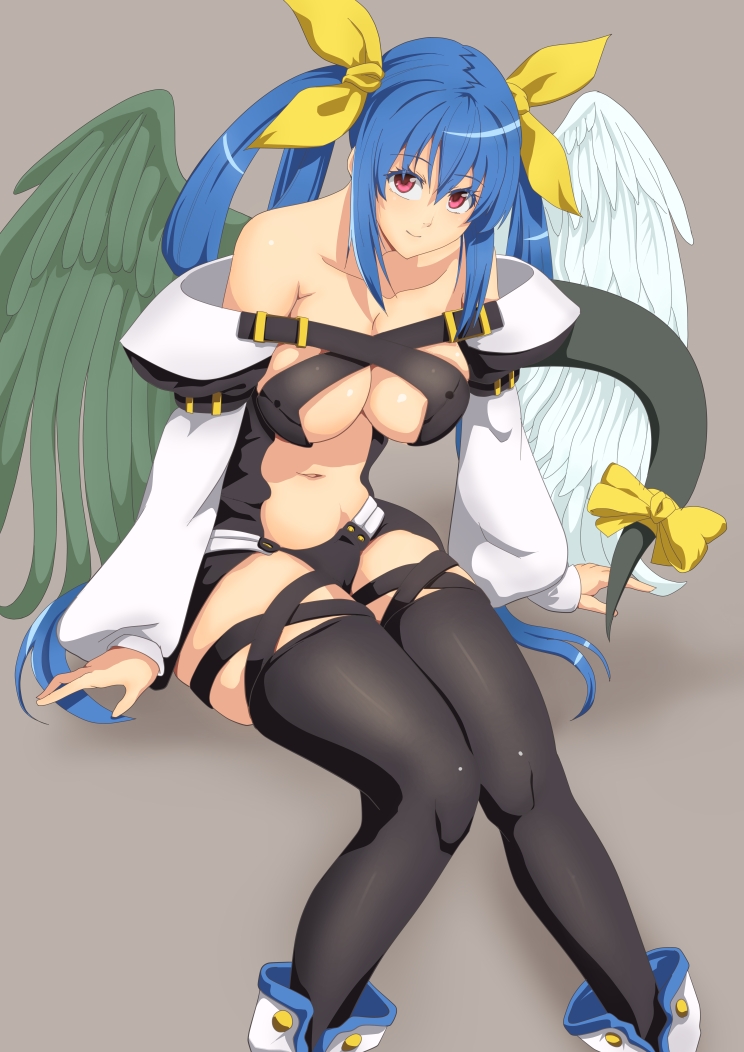 1girl, bare_shoulders, black_legwear, blue_hair, breasts, dizzy, grey_background, guilty_gear