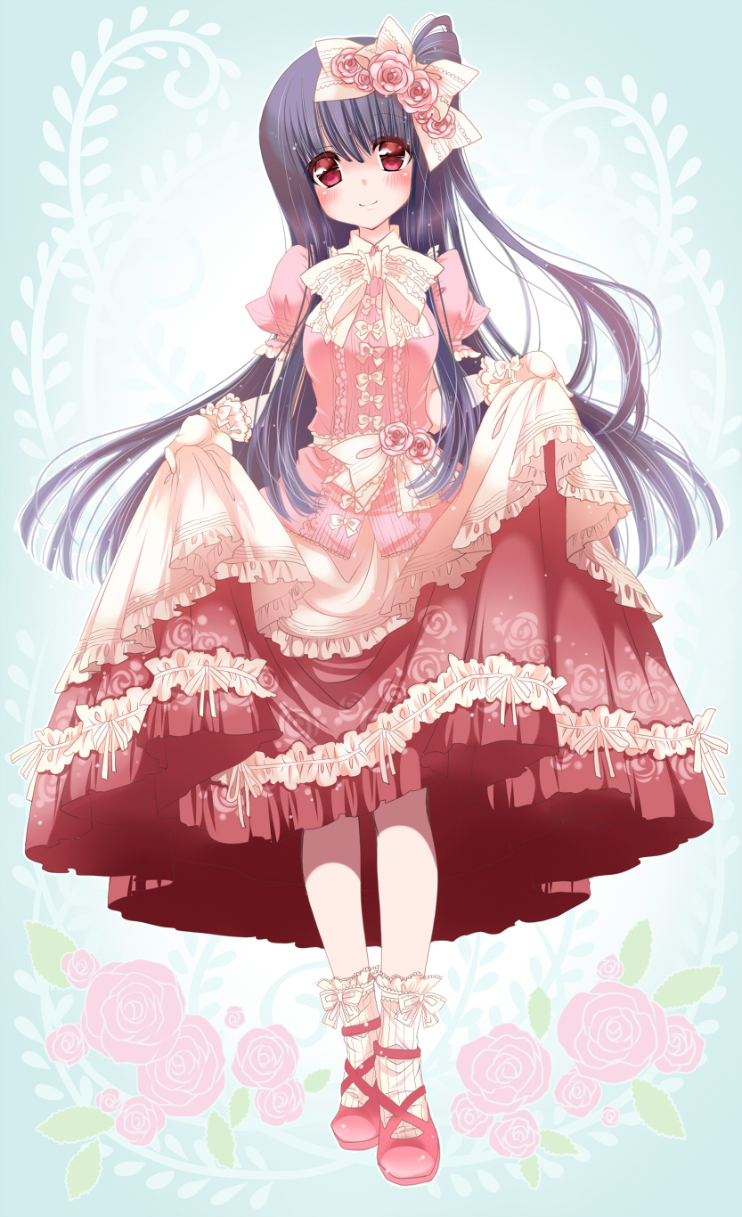 1girl, blush, bow, curtsey, dress, embellished_costume, floral_print, flower, frilled_dress, frills, hair_bow, hair_flower, hair_ornament, highres, houraisan_kaguya, long_hair, looking_at_viewer, one_side_up, pink_dress, pink_eyes, pink_rose, puffy_sleeves, purple_hair, rose, seidou_(tukinomiyako), short_sleeves, smile, solo, touhou, very_long_hair, wrist_cuffs