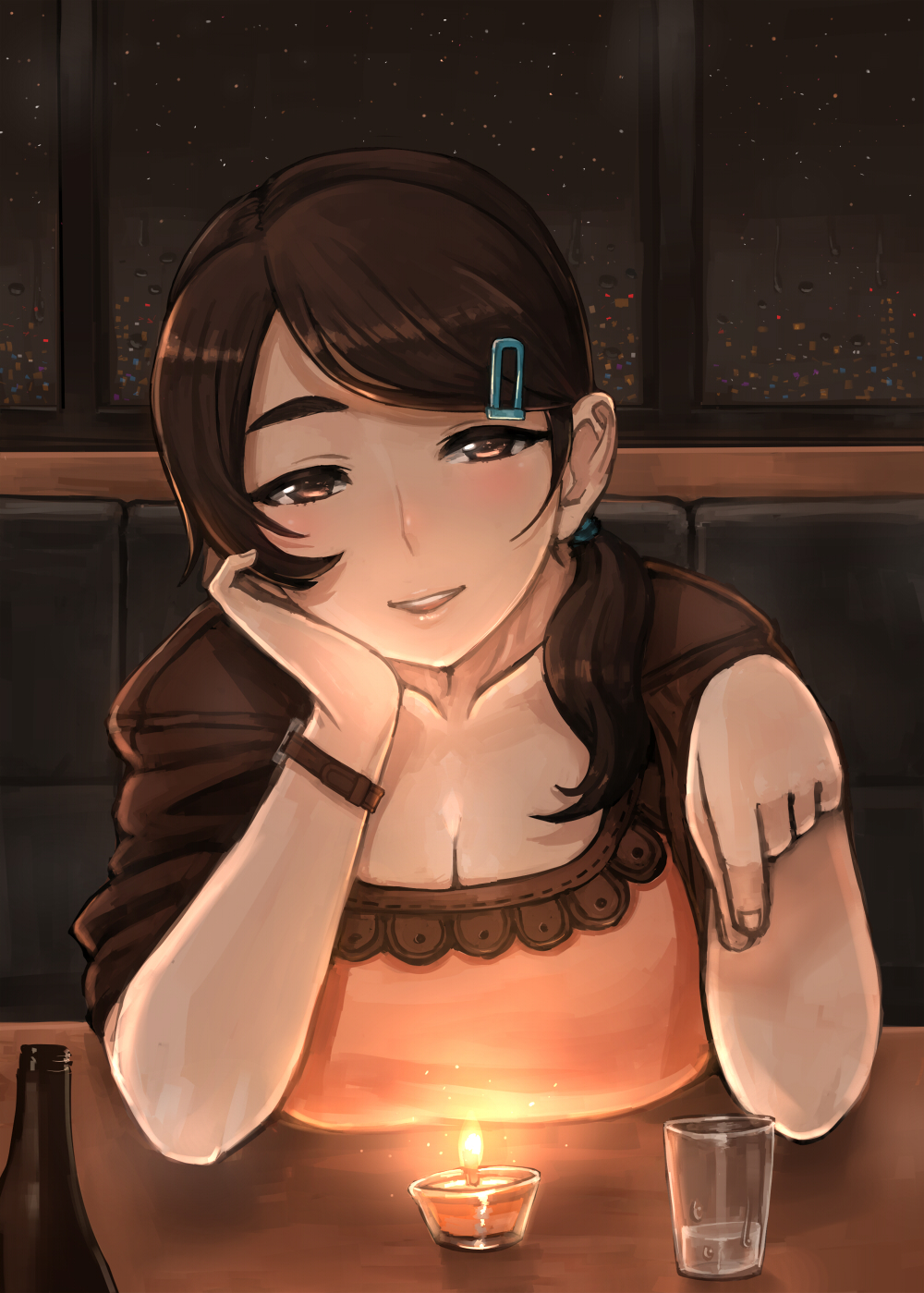 1girl, breasts, brown_eyes, brown_hair, candle, cleavage, hair_ornament, hairclip