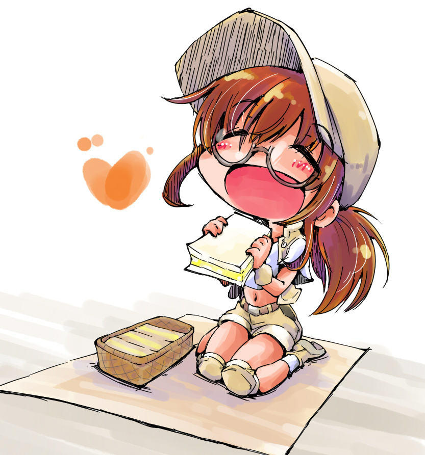 1girl, baseball_cap, blush, brown_hair, chibi, fio_germi, glasses, hat