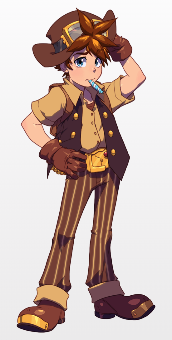 1boy, belt_buckle, blue_eyes, braxton_barson, brown_hair, candy, cryamore, gloves, goggles, goggles_on_head, hand_on_hip, hat, official_art, pinstripe_pattern, robert_porter, short_hair, solo, vest