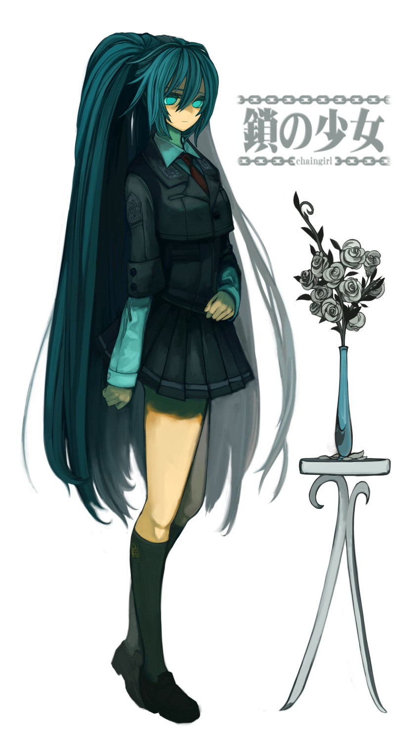 absurdres, alternate_costume, aqua_eyes, aqua_hair, black_legwear, black_socks, chain_girl_(vocaloid), flower