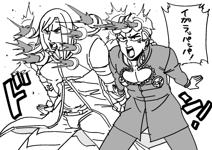 2boys, curly_hair, funny_valentine, giorno_giovanna, igaram, jojo_no_kimyou_na_bouken, monochrome, monoheiya