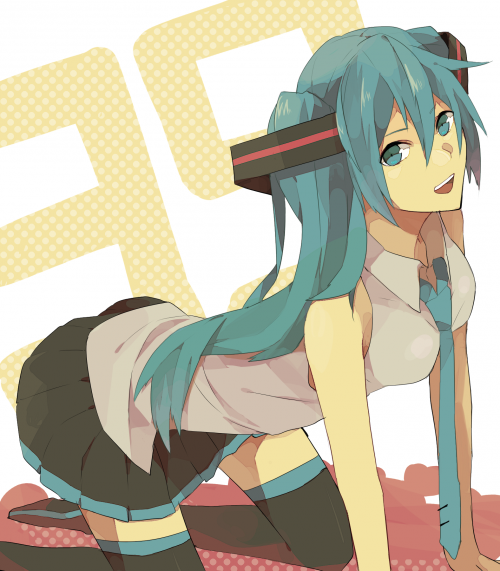 1girl, 39, aqua_eyes, aqua_hair, hatsune_miku, kouga_228, long_hair, necktie, open_mouth, skirt, smile, solo, thighhighs, twintails, vocaloid