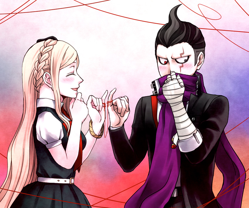 1boy, 1girl, bandages, bangle, black_hair, blonde_hair, blush, bow