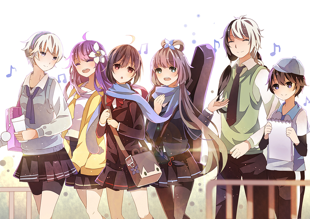 2boys, 4girls, ahoge, bag, bike_shorts, black_eyes, black_hair, blue_eyes