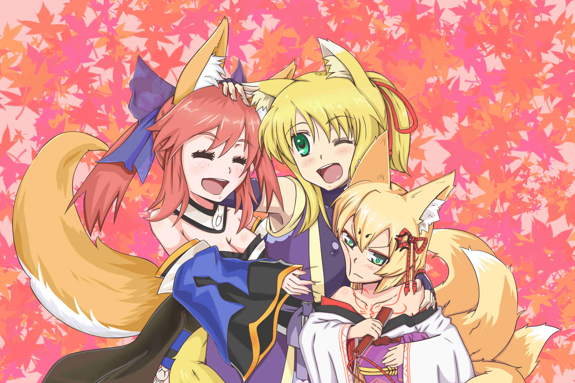 3girls, animal_ears, annoyed, bangs, bare_shoulders, blonde_hair, blush, breast_envy, breast_press, breasts, caster_(fate/extra), cleavage, crossover, dog_days, fan, fate/extra, fate_(series), fingerless_gloves, fox_ears, fox_tail, gianvalgian, gloves, green_eyes, hair_ornament, hair_ribbon, hand_on_another's_head, hand_on_another's_shoulder, hand_on_own_belly, hands_on_another's_chest, highres, holding, japanese_clothes, jpeg_artifacts, kimono, kitsune, leaf, mon-musu_quest!, multiple_girls, payot, redhead, ribbon, short_twintails, tail, tamamo_(mon-musu_quest!), tattoo, teeth, tongue, twintails, wink, yukikaze_panettone