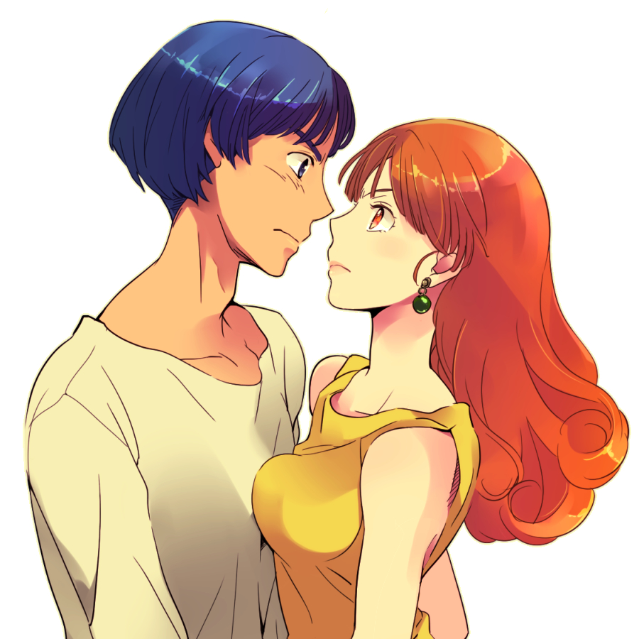 1boy, 1girl, 50, alena, blue_eyes, blue_hair, blush, clift