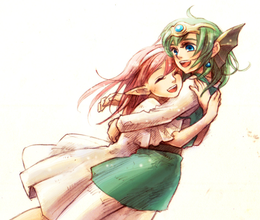 1boy, 1girl, :d, blue_eyes, blush, closed_eyes, cynthia_(dq4), dragon_quest, dragon_quest_iv, dress, earrings, elf, green_hair, helmet, hero_(dq4), hug, jewelry, long_hair, open_mouth, pink_hair, pointy_ears, rio-sout, simple_background, smile, white_background