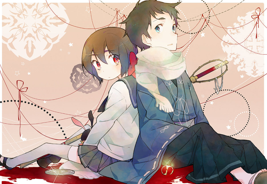 1boy, 1girl, back-to-back, blue_eyes, blush, bow, brown_background, brown_hair