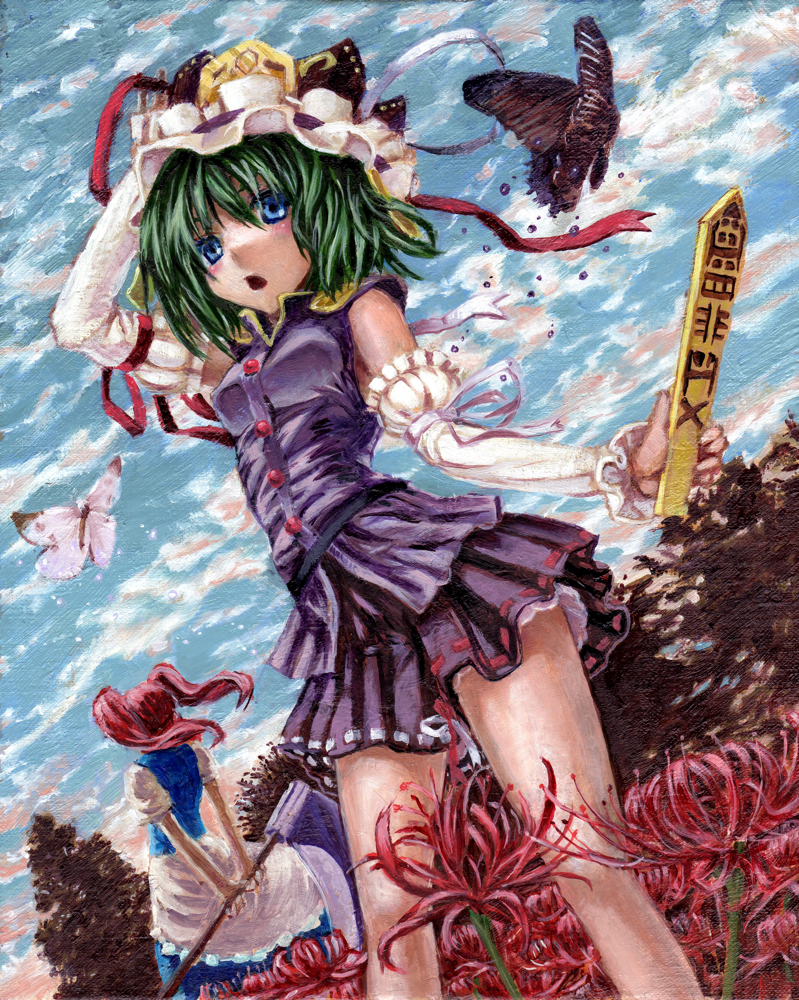 2girls, arms_behind_back, bare_legs, blue_eyes, blue_sky, butterfly, clouds, detached_sleeves