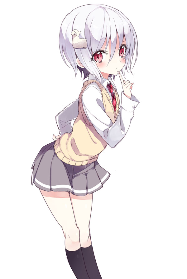 1girl, alpaca, black_legwear, blush, dress_shirt, hair_ornament, long_sleeves, necktie