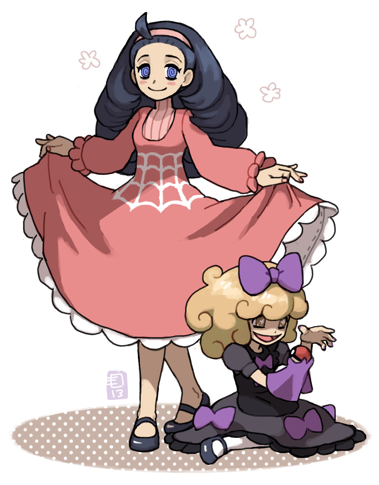 +_+, 2girls, @_@, ahoge, alternate_costume, alternate_hairstyle, black_hair, blonde_hair