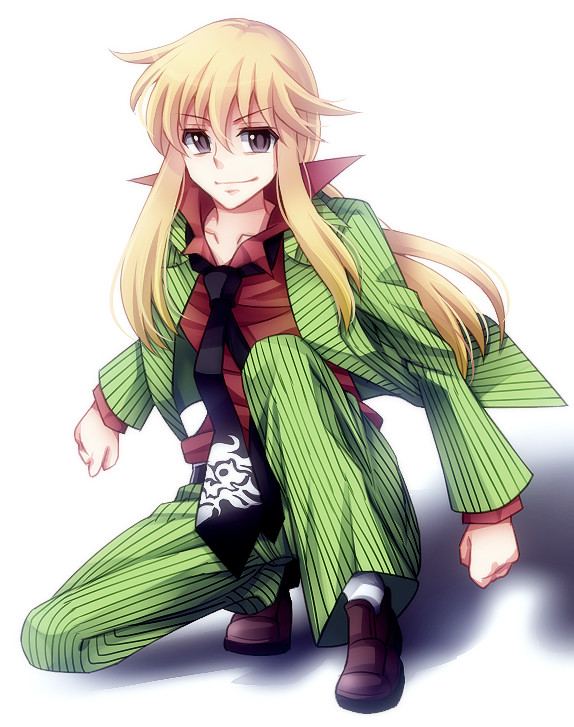androgynous, blonde_hair, company_connection, cosplay, creator_connection, formal, grey_eyes, leo_shishigami