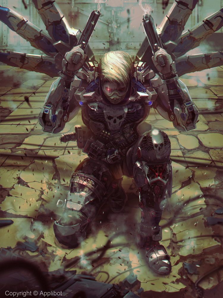 1boy, armor, blonde_hair, dagger, dual_wielding, full_armor, glowing, glowing_eyes