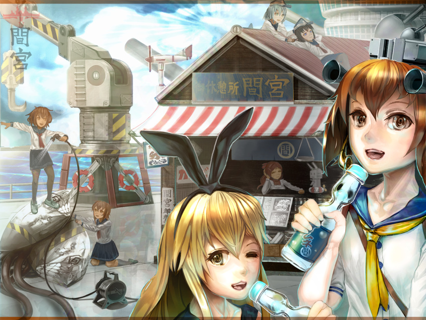 2girls, 6+girls, balancing, black_legwear, blonde_hair, blush, bottle, brown_eyes