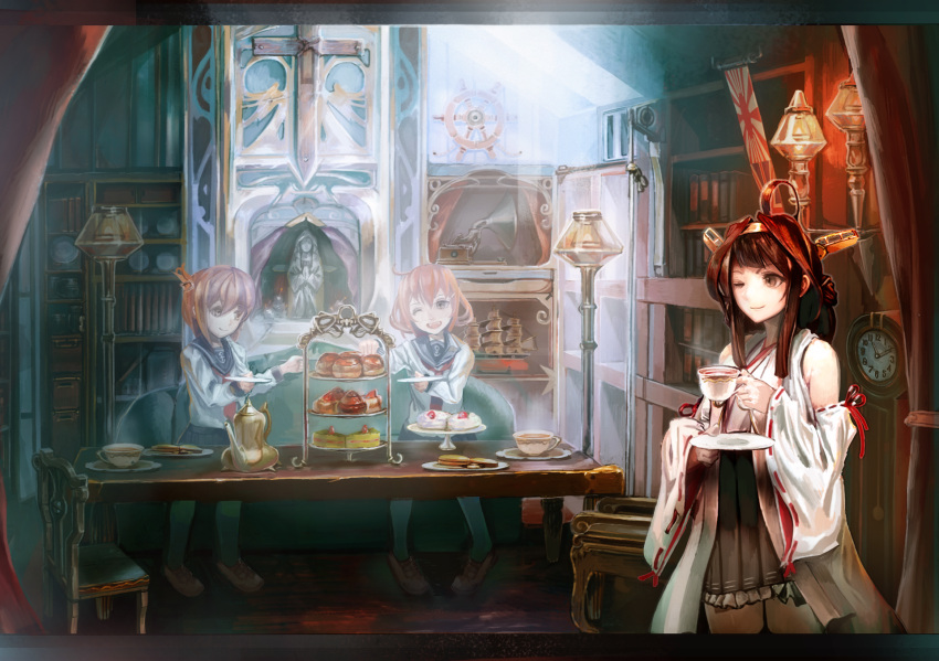 3girls, ahoge, bare_shoulders, brown_eyes, brown_hair, cake, clock, cup