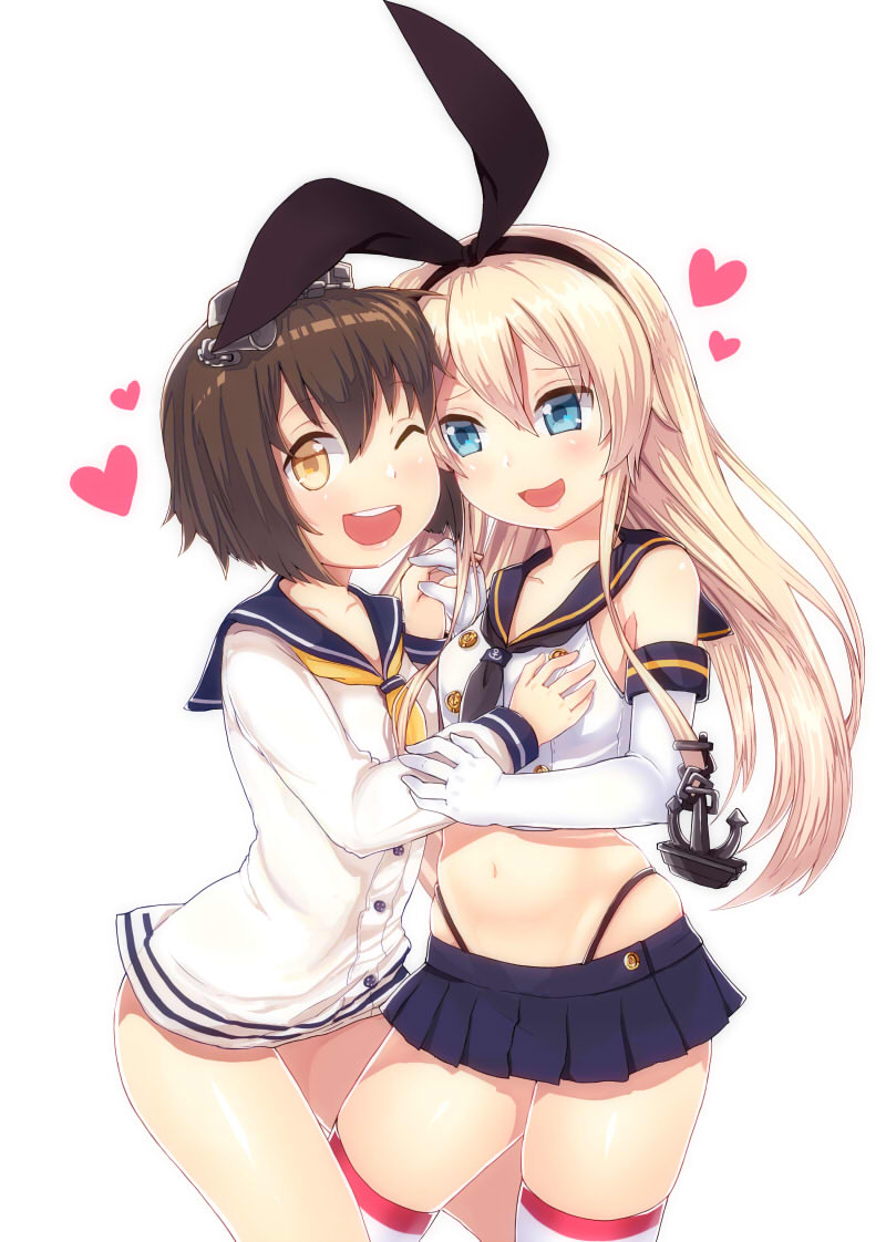 2girls, anchor, black_panties, blonde_hair, blush, brown_eyes, brown_hair, elbow_gloves