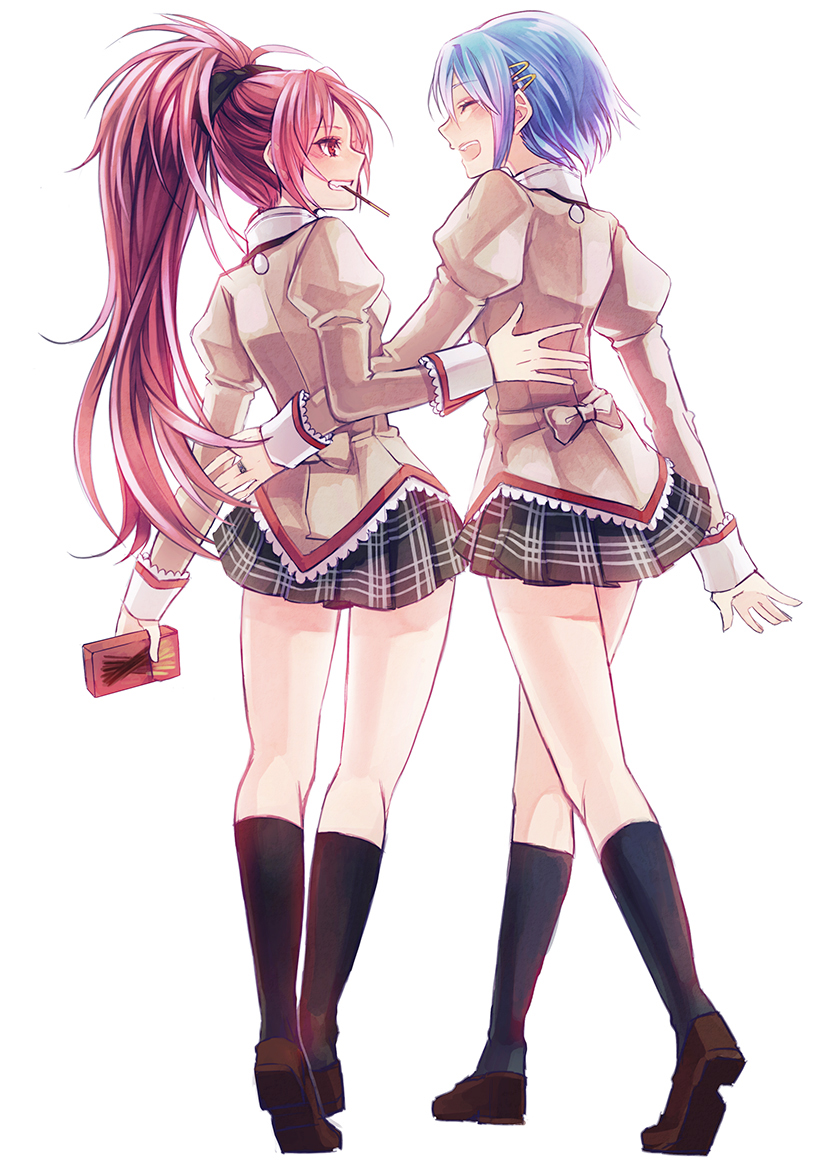 2girls, blue_hair, bow, grin, hair_bow, hair_ornament, hairclip, hand_on_back