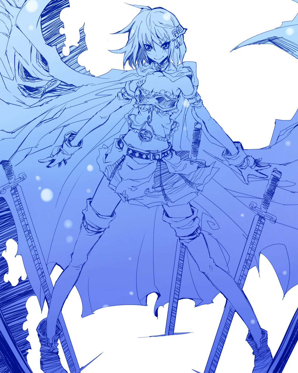 1girl, belt, blue, cape, gloves, hair_ornament, hairclip, highres, mahou_shoujo_madoka_magica, mahou_shoujo_madoka_magica_movie, midriff, miki_sayaka, monochrome, multiple_swords, short_hair, smile, solo, soul_gem, sword, taiti, thighhighs, weapon, zettai_ryouiki