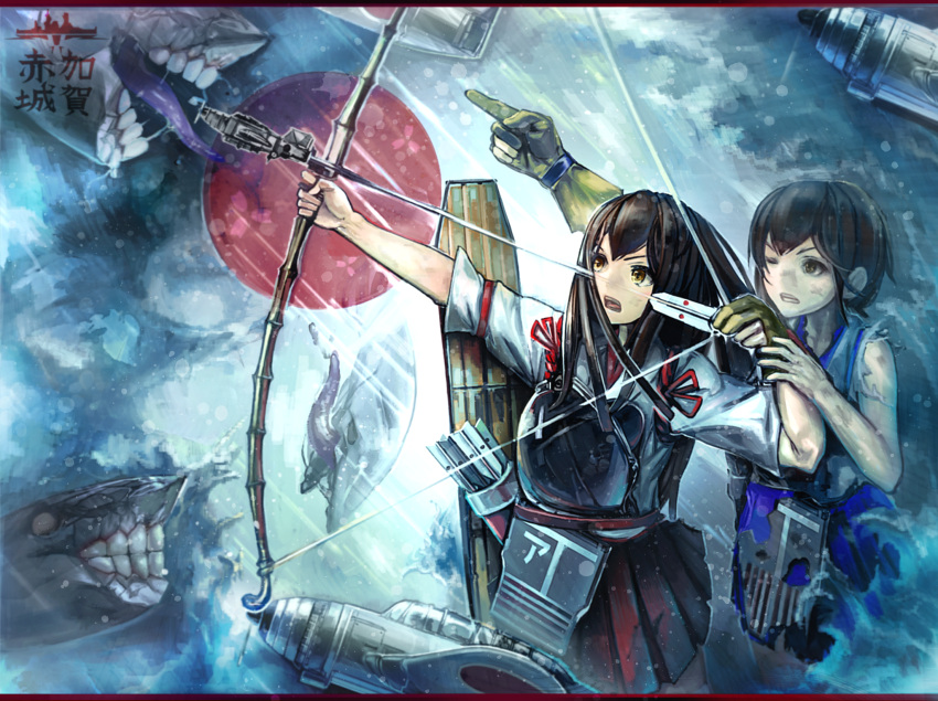 2girls, aiming, akagi_(kantai_collection), arrow, battle, bow_(weapon), brown_eyes, brown_hair