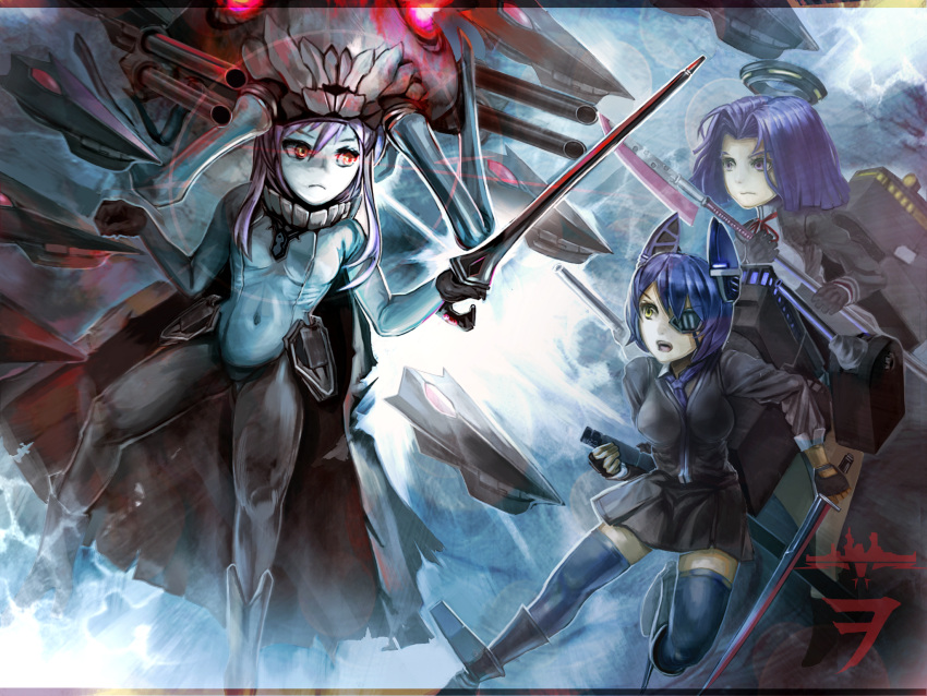 3girls, battle, bodysuit, cape, eyepatch, fencing, fingerless_gloves, glaive