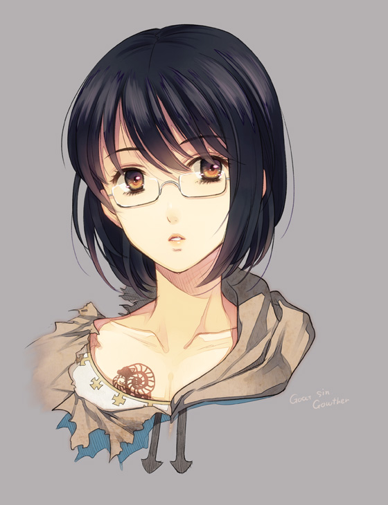1boy, androgynous, ayamiya_fumi, black_hair, blue_background, brown_eyes, character_name, english, eyelashes, glasses, gowther, lips, nanatsu_no_taizai, portrait, short_hair, simple_background, solo, tattoo, torn_clothes, torn_shirt