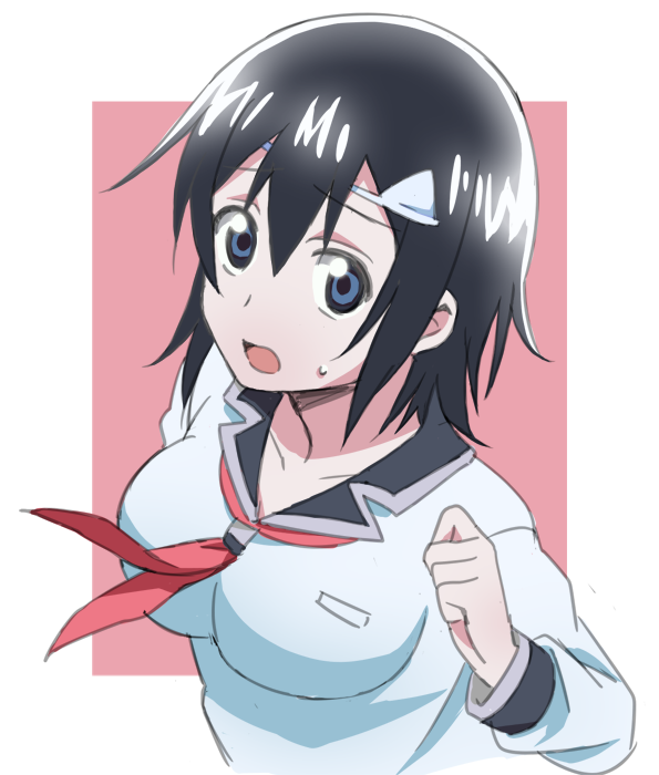 1girl, black_hair, blood_lad, blue_eyes, long_hair, looking_at_viewer, necktie, open_mouth