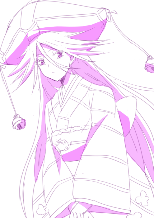1girl, bangs, bell, big_hat, hair_between_eyes, hat, headdress, japanese_clothes