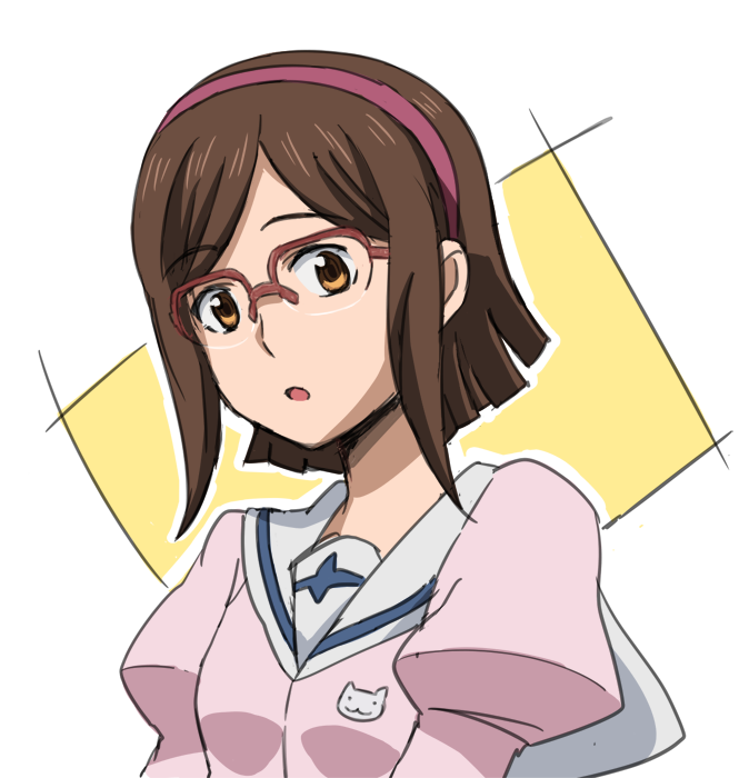 1girl, brown_eyes, brown_hair, glasses, gundam, gundam_build_fighters, hair_ornament, hairband