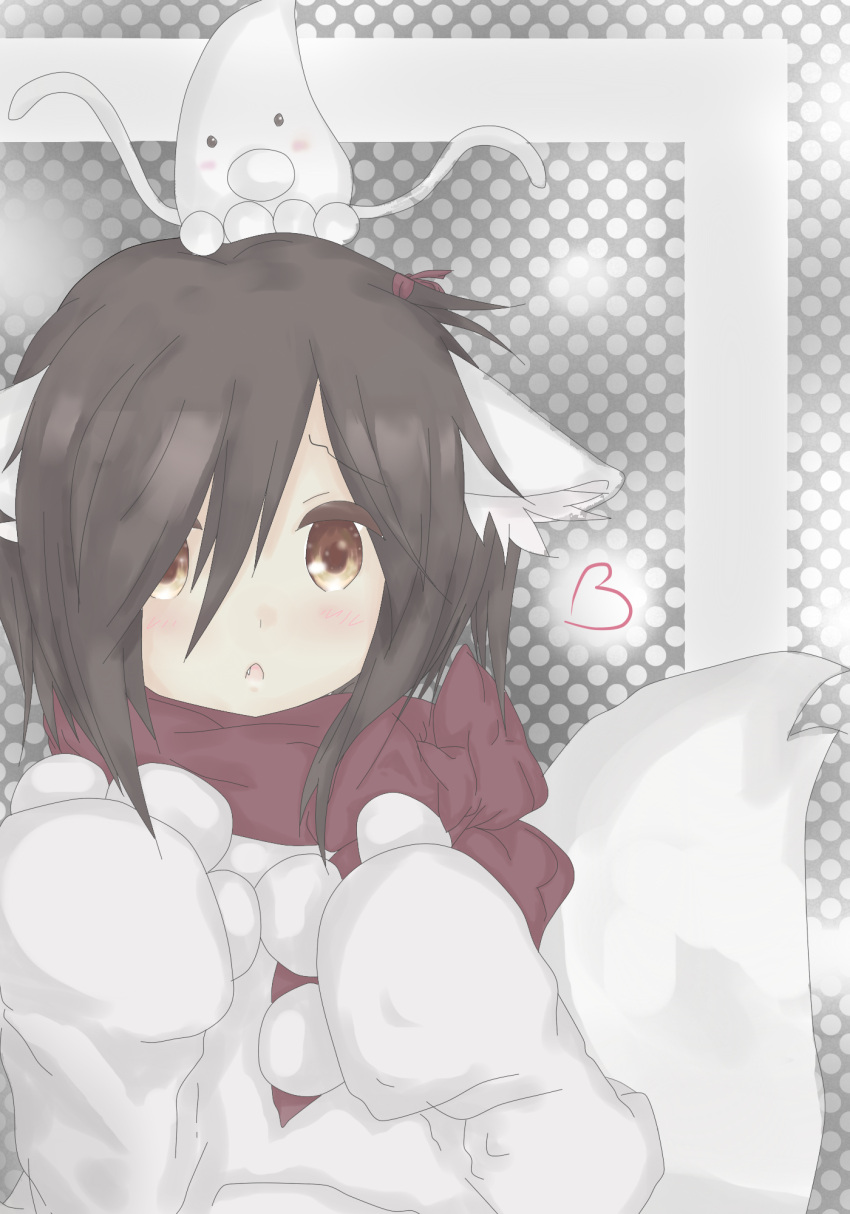 1girl, animal_costume, animal_ears, black_hair, blush, fang, heart, highres