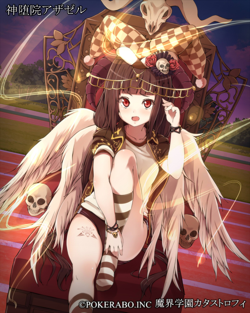 1girl, bangs, blunt_bangs, bracelet, brown_hair, buruma, cape, dutch_angle
