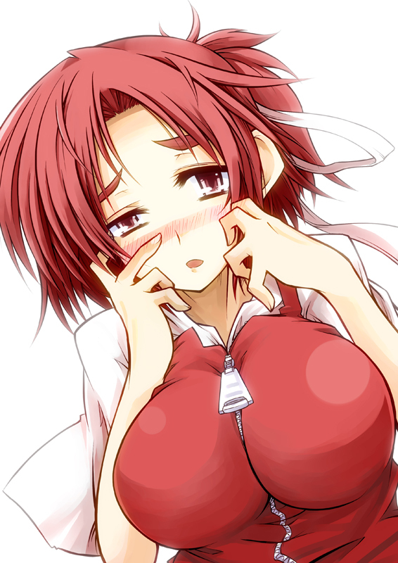blush, hands_on_own_face, hemogurobin_a1c, pink_eyes, pink_hair, sara_(touhou), solo, touhou