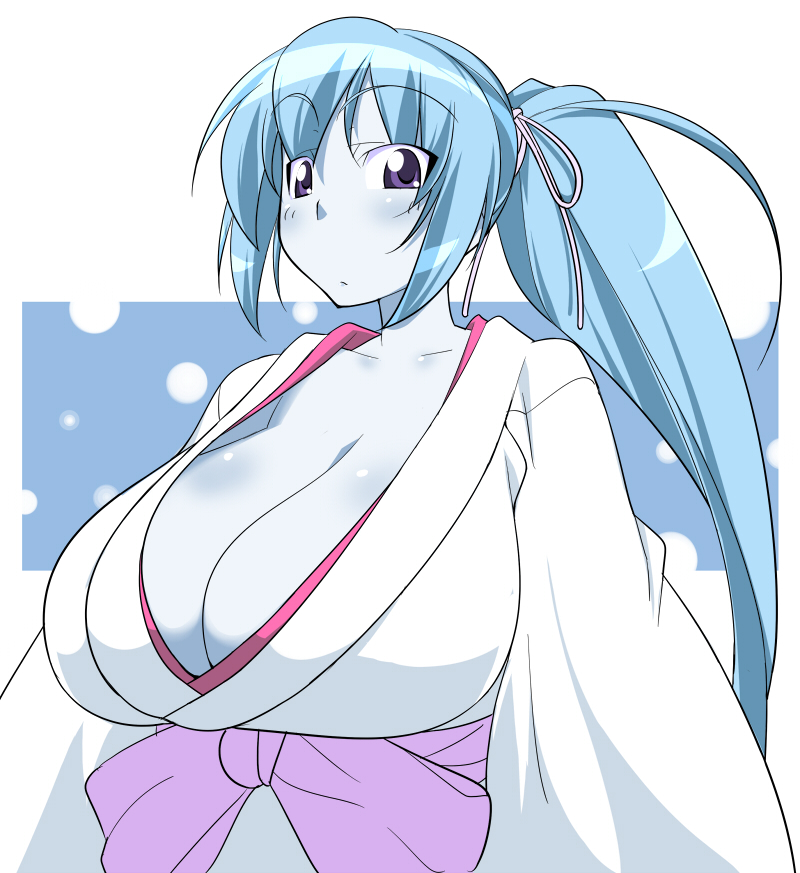 blue_hair, blue_skin, bow, breasts, cleavage, gegege_no_kitarou, hair_bow, huge_breasts, japanese_clothes, kimono, makarou, perfection, ponytail, purple_eyes, solo, violet_eyes, yukata, yuki_onna