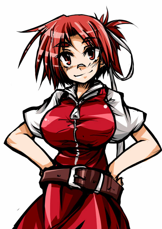bandage_on_nose, belt, hair_ribbon, hands_on_hips, hemogurobin_a1c, large_breasts, mystic_square, pink_eyes