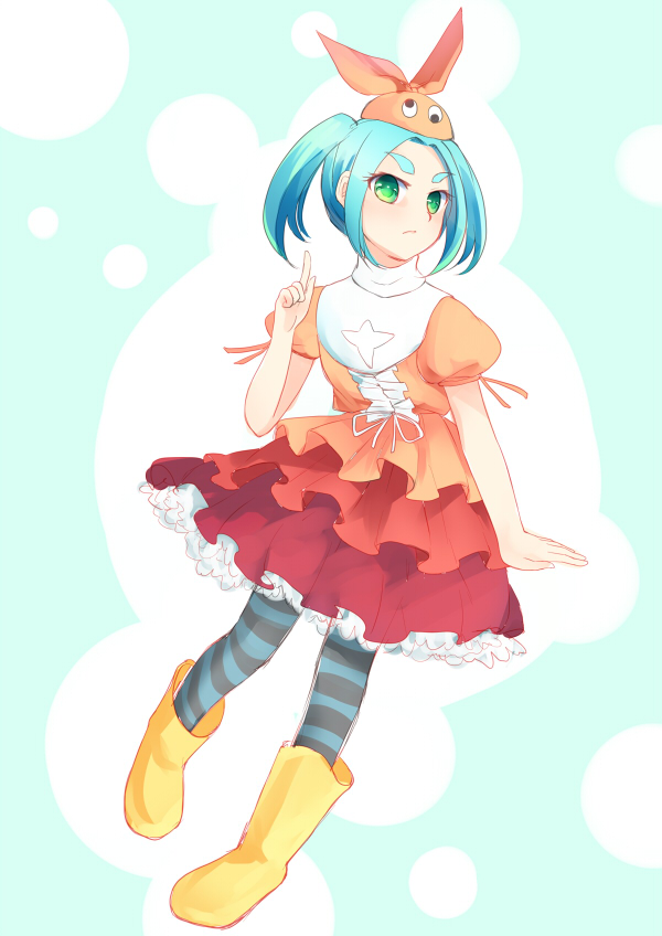 1girl, aqua_hair, boots, dress, eyebrows, green_eyes, hat, mito_tsubaki