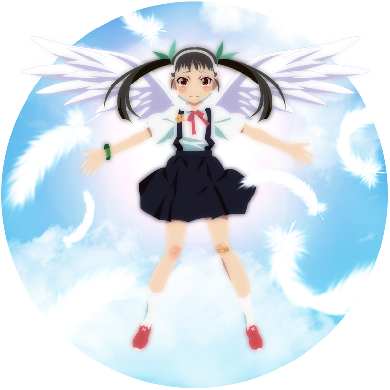 1girl, black_hair, hachikuji_mayoi, hairband, long_hair, monogatari_(series), onimonogatari, outstretched_arms, red_eyes, spread_arms, tears, twintails, wanco, wings