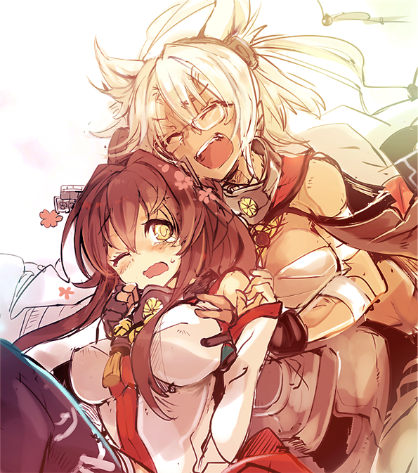 2girls, blonde_hair, blush, closed_eyes, glasses, kantai_collection, long_hair, makura-ko_(nacoll)