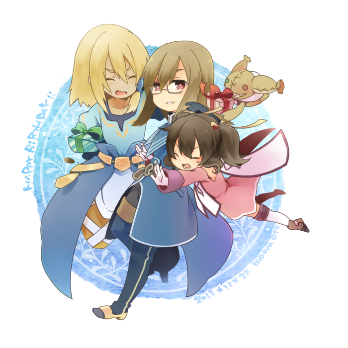 1girl, 2boys, anise_tatlin, blonde_hair, blue_background, blue_legwear, boots, brown_hair