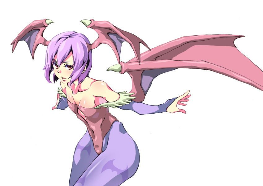 1girl, bare_shoulders, bat_print, bridal_gauntlets, clothed_navel, demon_girl, demon_wings, flat_chest, head_wings, leotard, lilith_aensland, outstretched_arms, pantyhose, print_legwear, purple_hair, red_eyes, solo, succubus, tell, vampire_(game), wings