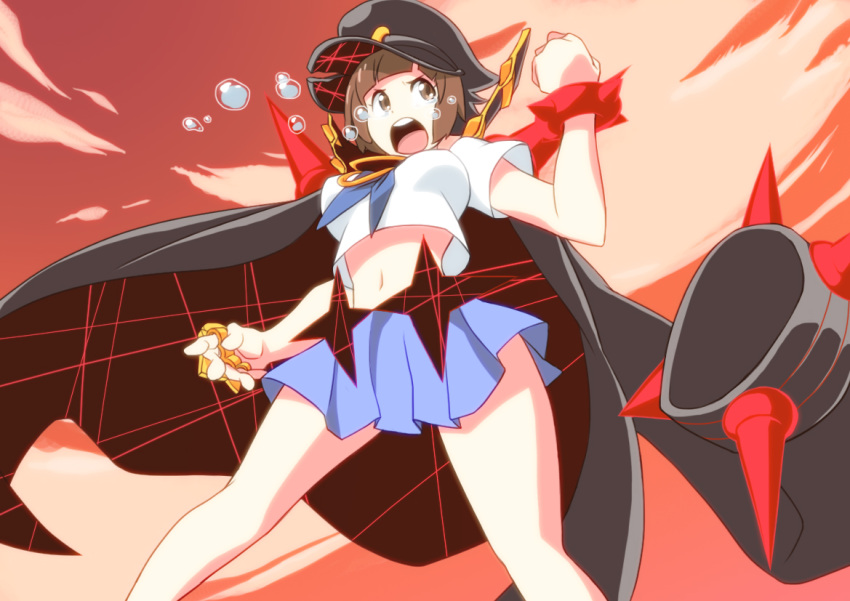 1girl, alternate_costume, bracelet, brass_knuckles, breasts, brown_eyes, brown_hair, cape