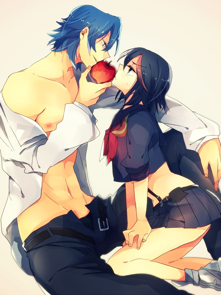 1boy, 1girl, a229, apple, bare_legs, black_hair, blue_eyes, blue_hair