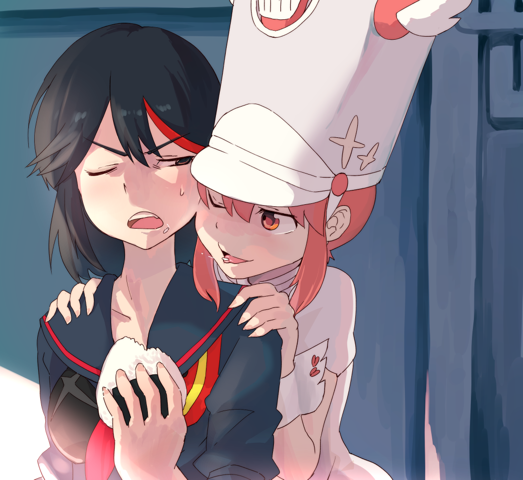 2girls, black_hair, food, food_on_face, hands_on_another's_shoulders, hat, highlights, jakuzure_nonon