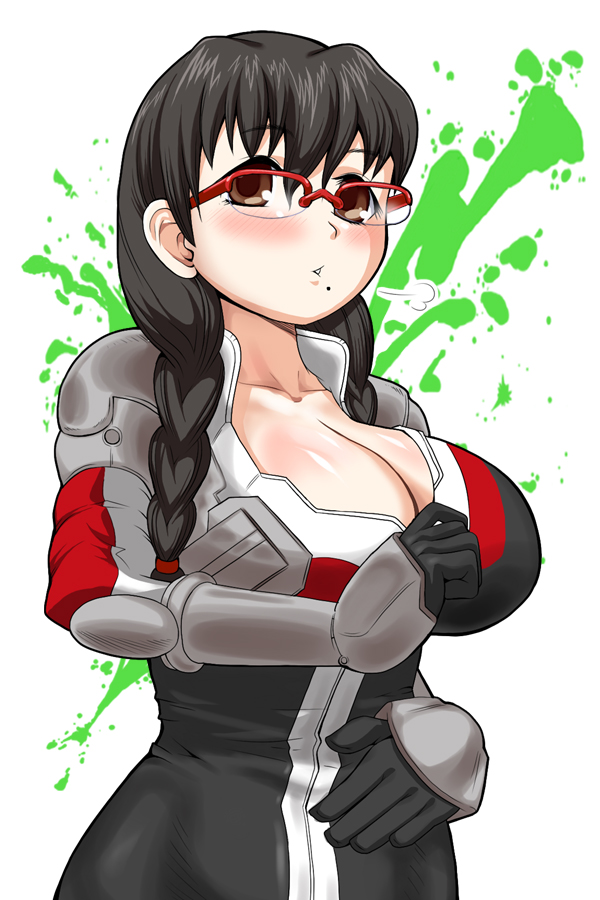 bad_id, black_hair, blush, border_break, braid, breasts, brown_eyes, cleavage, glasses, huge_breasts, mole, solo, twin_braids, ui, ui_(fuugetsuin)