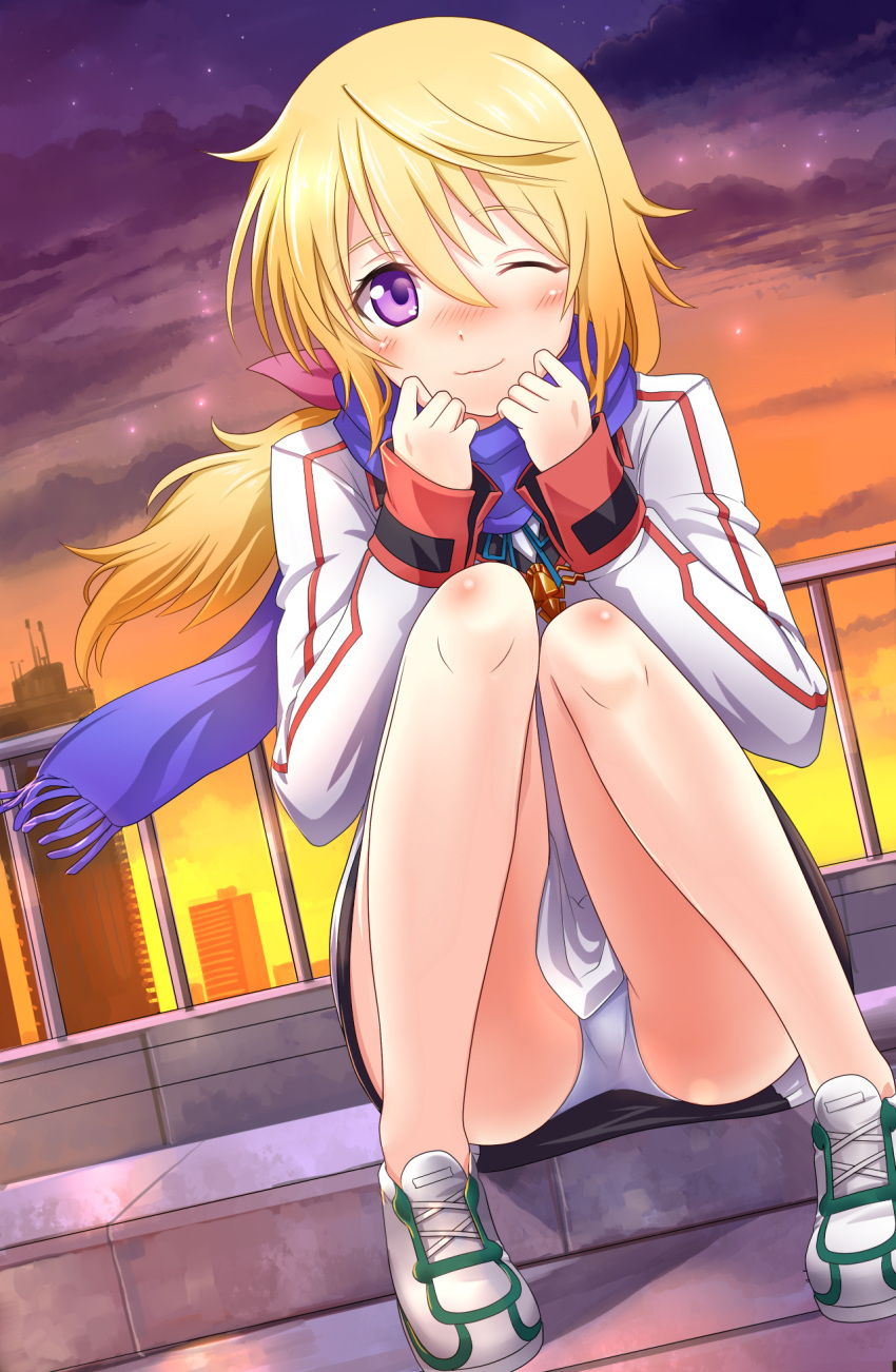 1girl, ;), blonde_hair, charlotte_dunois, cityscape, highres, infinite_stratos, knees_together_feet_apart, legs, long_sleeves, panties, pantyshot, railing, scarf, shoes, sitting, tagme, underwear, uniform, violet_eyes, white_panties, wink, yukiko013