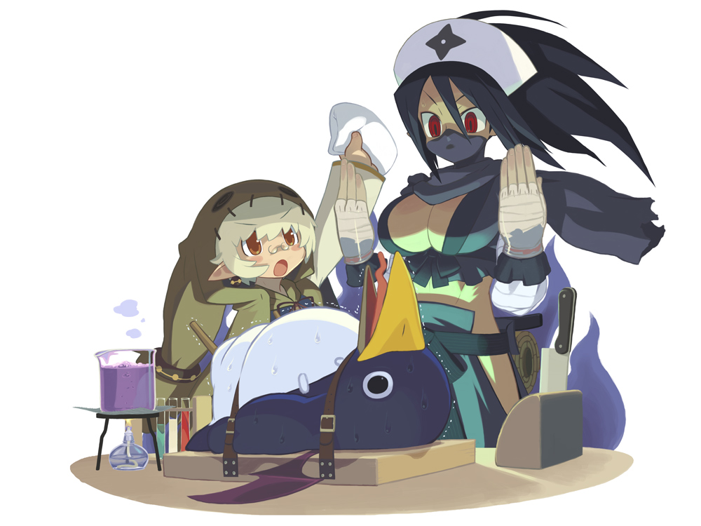 breasts, chemistry, cleavage, disgaea, hat, ishikawa_hideki, knife, large_breasts