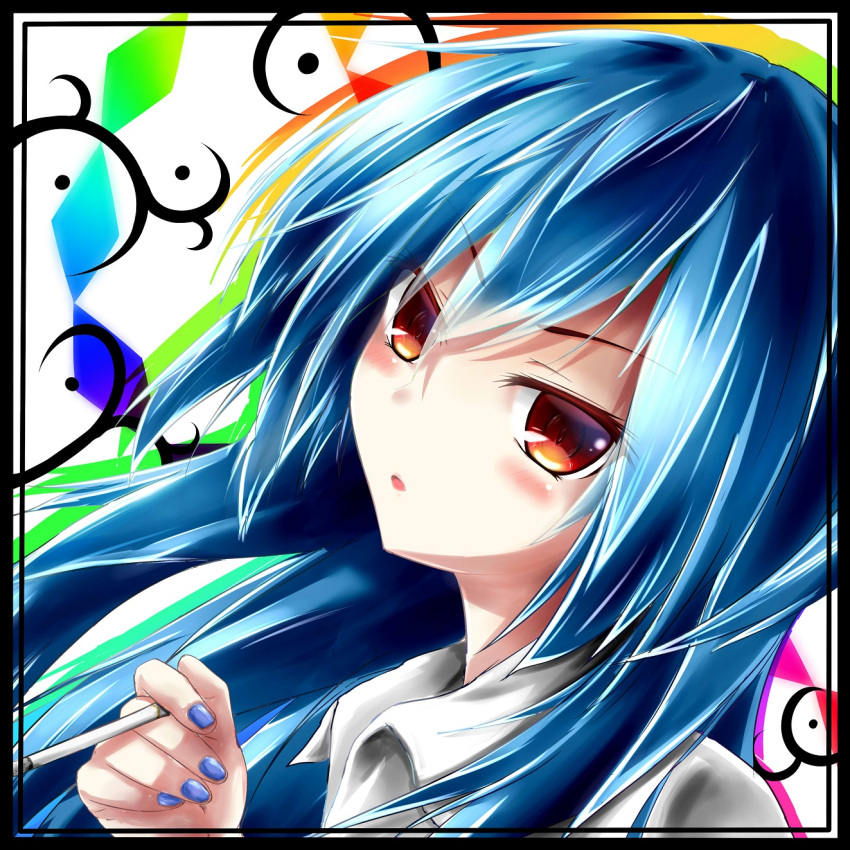 1girl, akaikonomi, blue_hair, blue_nails, blush, border, bust, cigarette