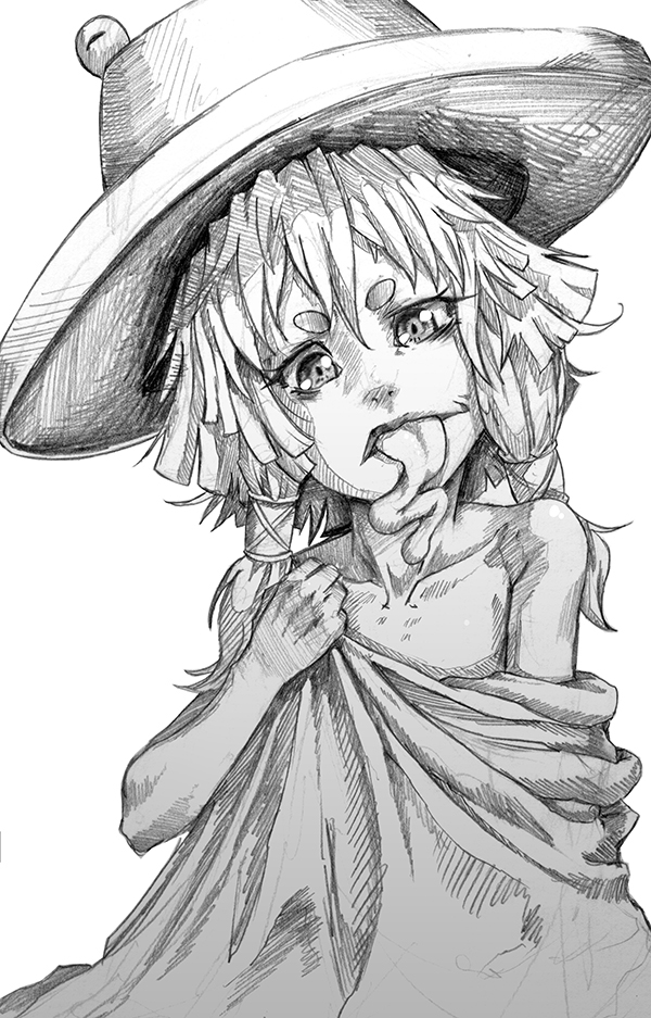 1girl, hair_tubes, hat, imizu_(nitro_unknown)_(style), long_tongue, monochrome, moriya_suwako, naked_sheet, parody, solo, style_parody, tongue, tongue_out, touhou, whistle_frog