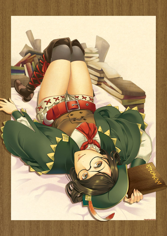 1girl, bed, black_hair, book, glasses, hat, hiyoshi_hana, lying